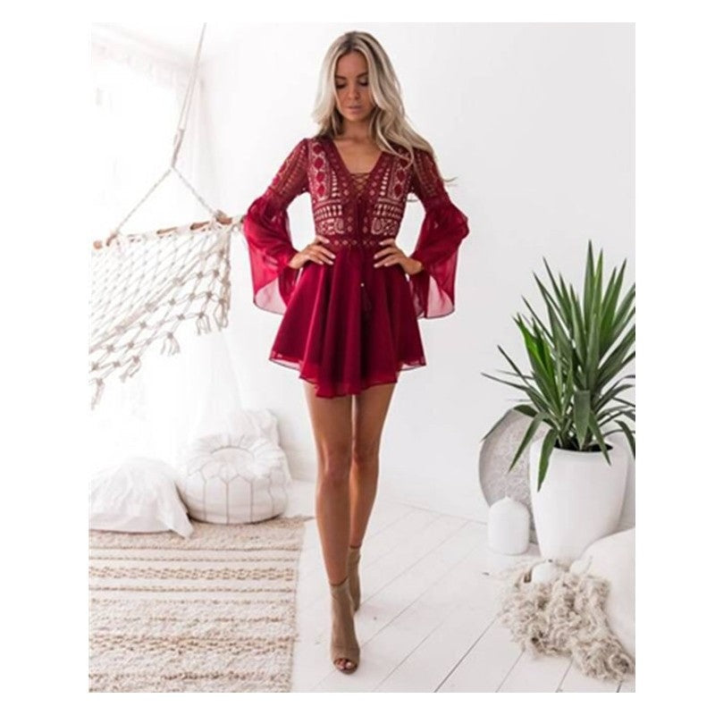 Lace V Neck Tie Waist Flare Sleeve Dress