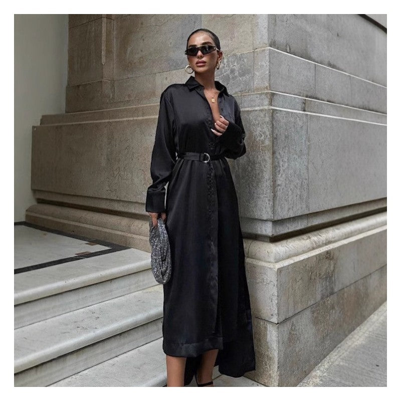 Solid Satin Belted A Line Shirt Dress