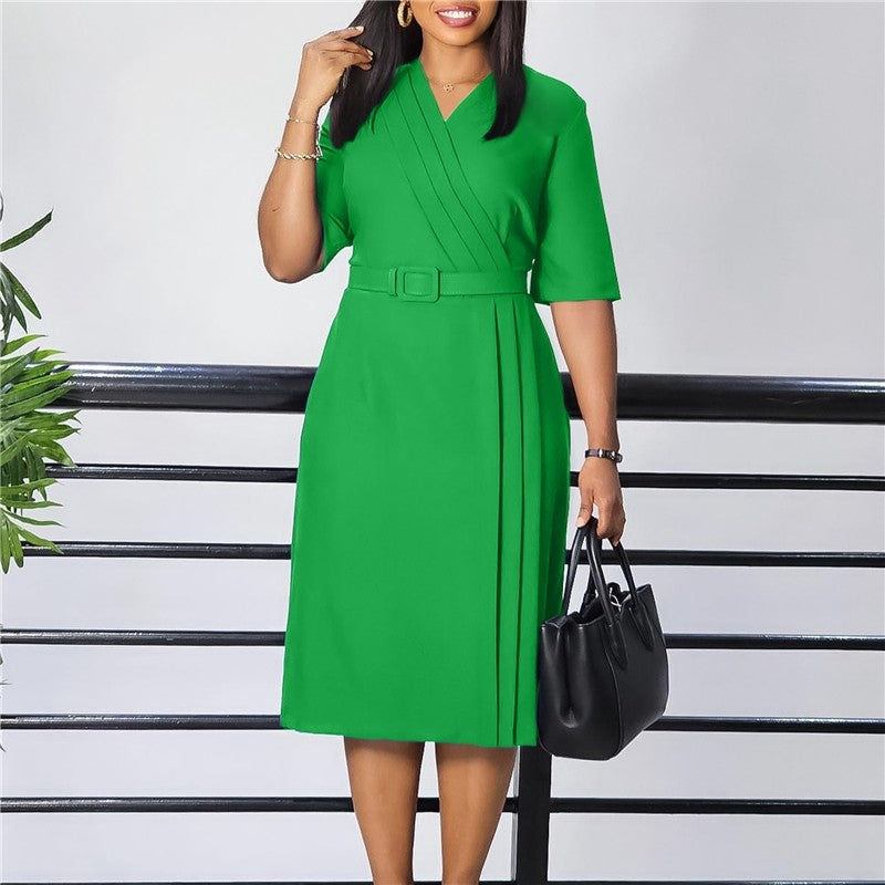 V Neck Waist Belted Pencil Dress