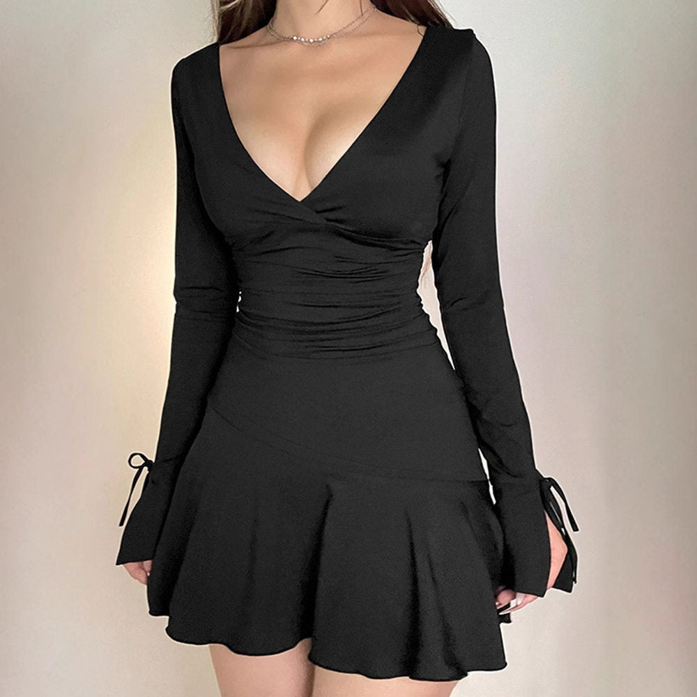 V Neck Long Sleeve Ruffle Hem Bodycon Mini Dress For Women Elegant Slim Fit Party Dresses