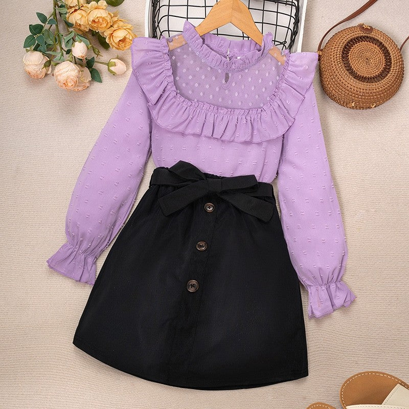 Girls Lace Splicing Polka Dot Long Sleeve Top Short Skirt Set