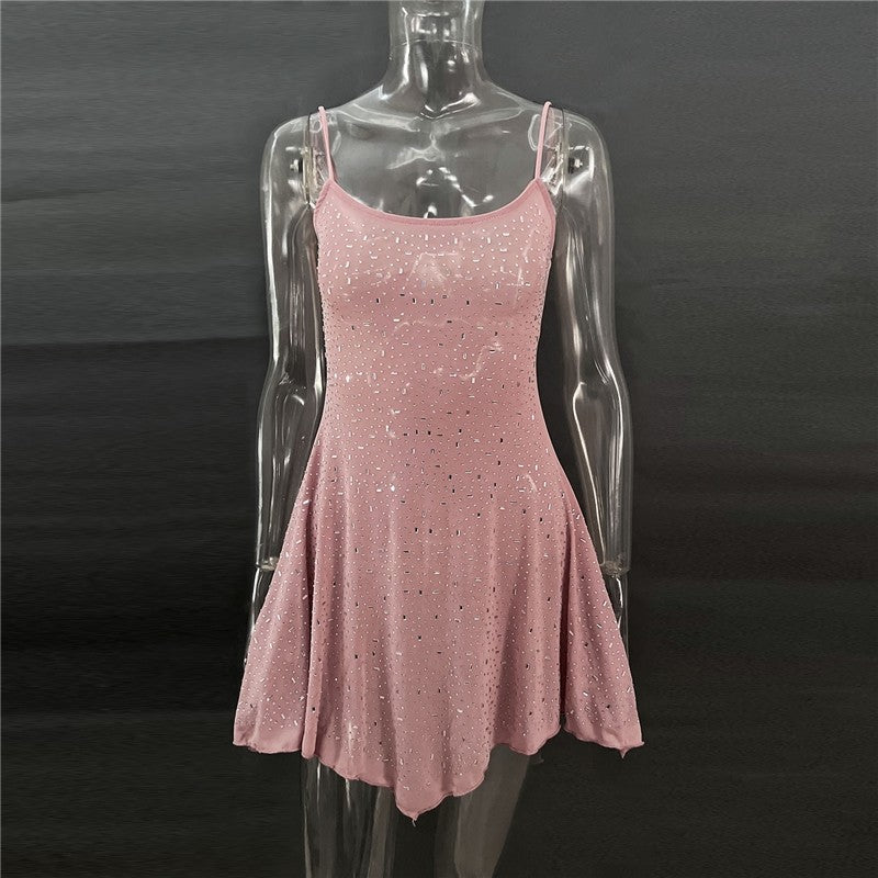 Semi-Sheer Spaghetti Strap Short Dress With Rhinestones