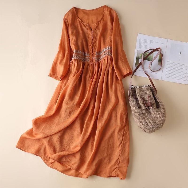 Embroidered Loose Round Neck Midi Dress