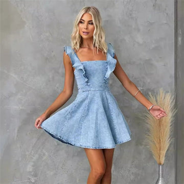 Backless Denim Mini Dress With Flutter Sleeves
