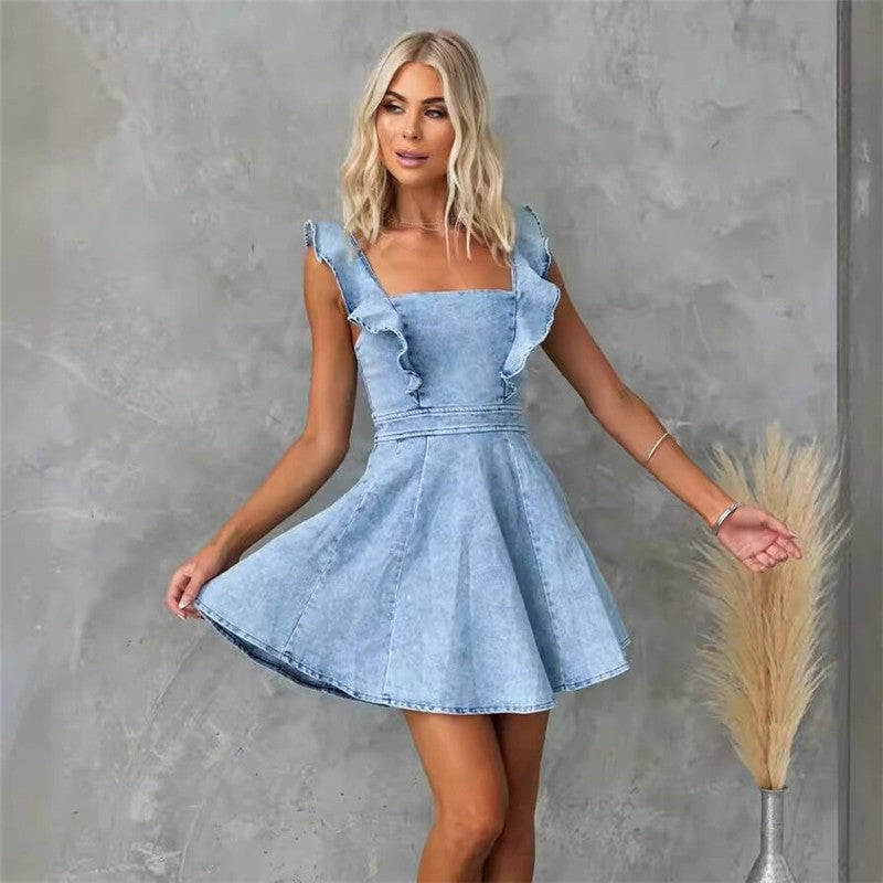 Backless Denim Mini Dress With Flutter Sleeves