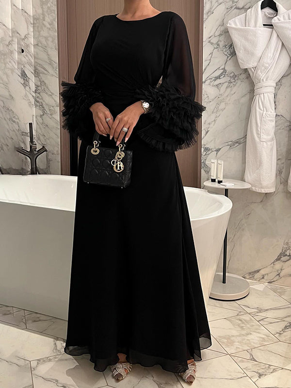 Solid Color Pleated Tied Waist Flared Sleeves Long Sleeves Maxi Dresses
