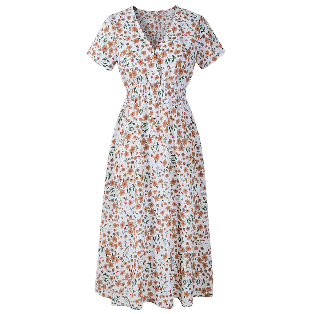 Chiffon Print V-Neck Short Sleeve Bohemian Dress