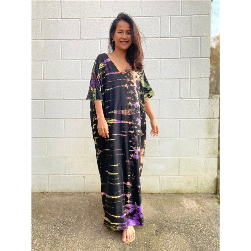 Half Sleeves V-Neck Tie-Dyed Maxi Dress