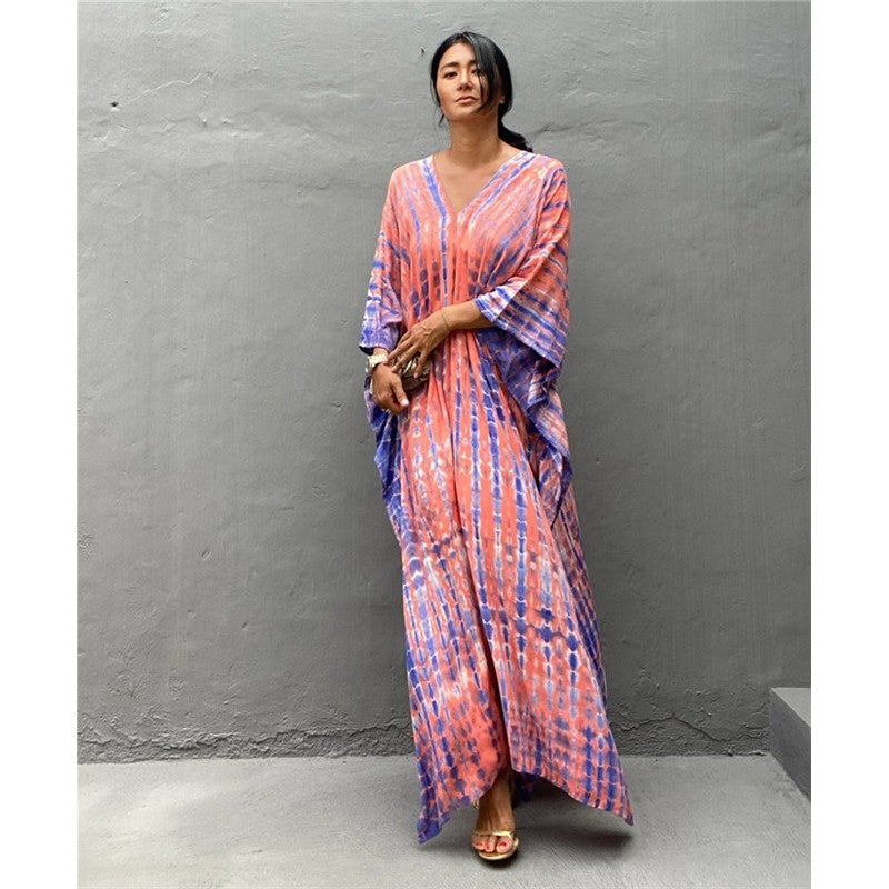 Half Sleeves V-Neck Tie-Dyed Maxi Dress