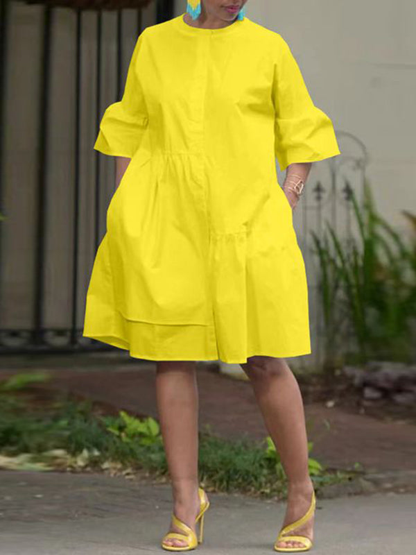 Loose Three-Quarter Sleeves Asymmetric Buttoned Pleated Pockets Solid Color Split-Joint Round-Neck Midi Dresses
