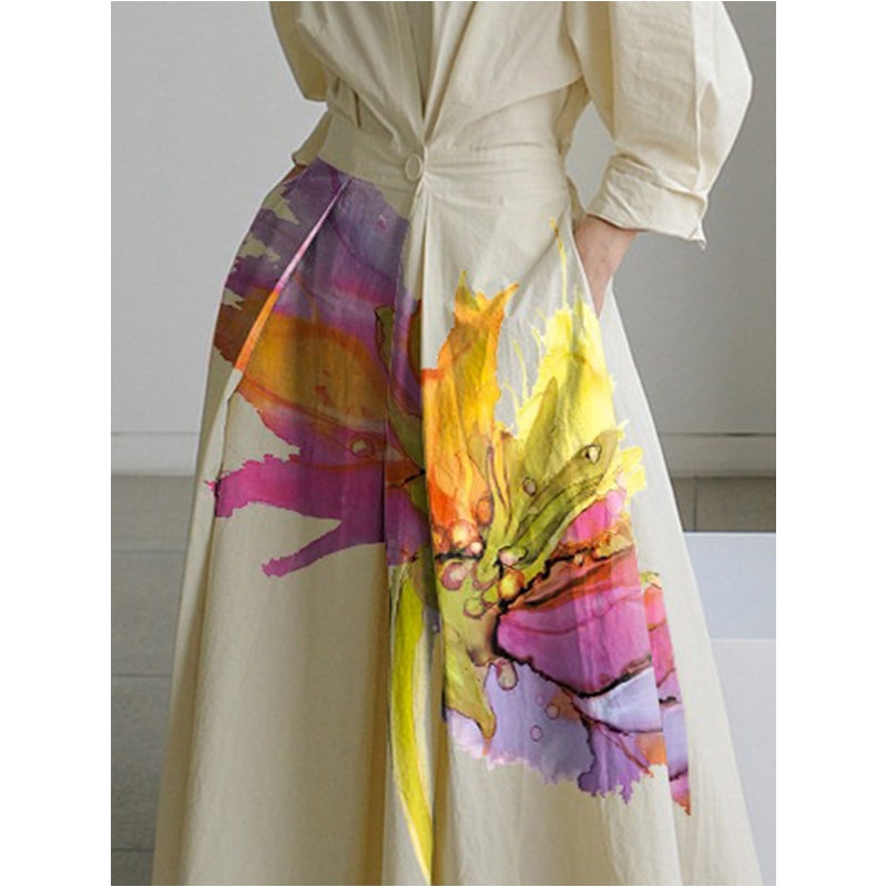 Long Sleeves Loose Pleated Split-Joint Tied Waist Lapel Midi Dresses Shirt Dress