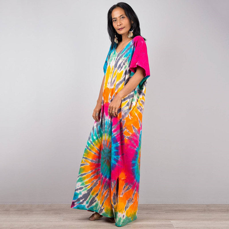 Short Sleeves Tie-Dyed Split Maxi Dress