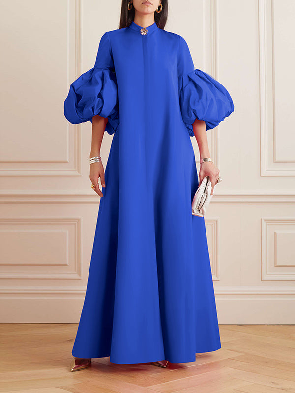 Loose Flower Shape Solid Color Stand Collar Evening Dresses Maxi Dresses