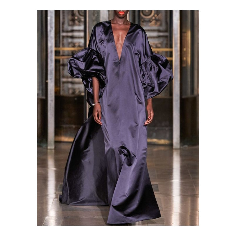 Loose Puff Sleeves Solid Color V-Neck Maxi Dresses