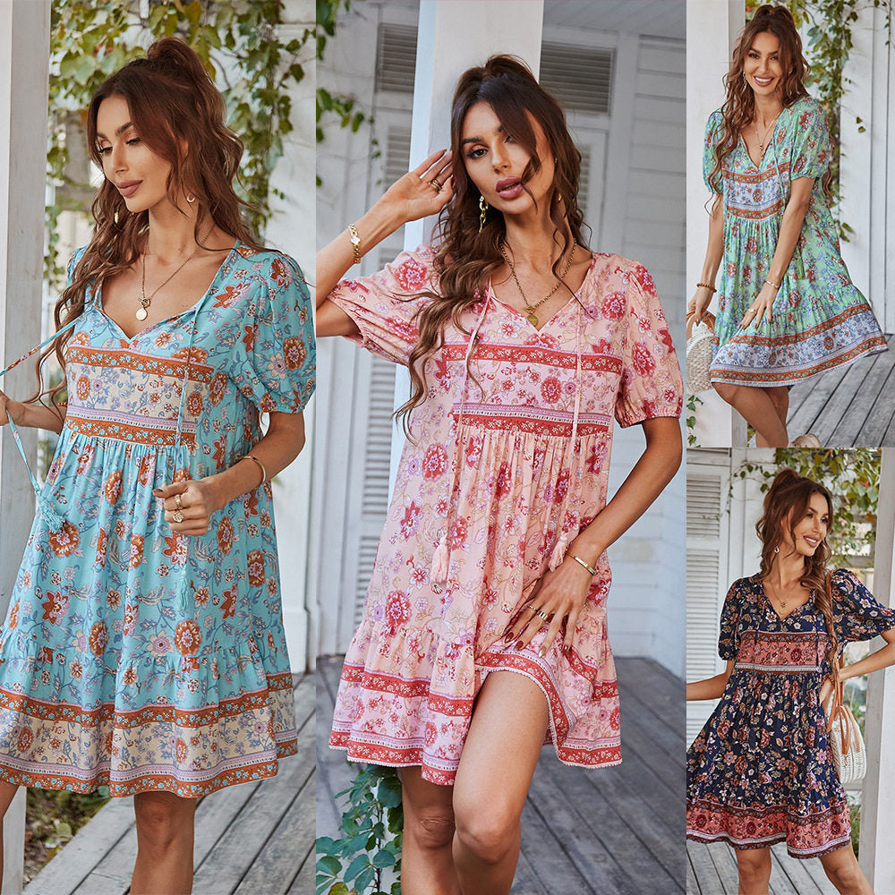 Short Sleeve V-Neck Printed Dress