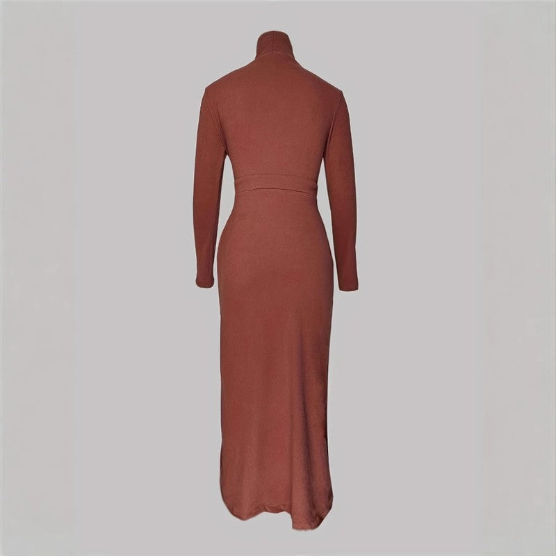 Solid Color Slim Fit High Neck Long Sleeve Dress