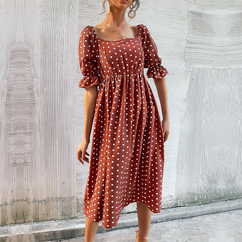 Puff Sleeves Square Neck Midi Dress