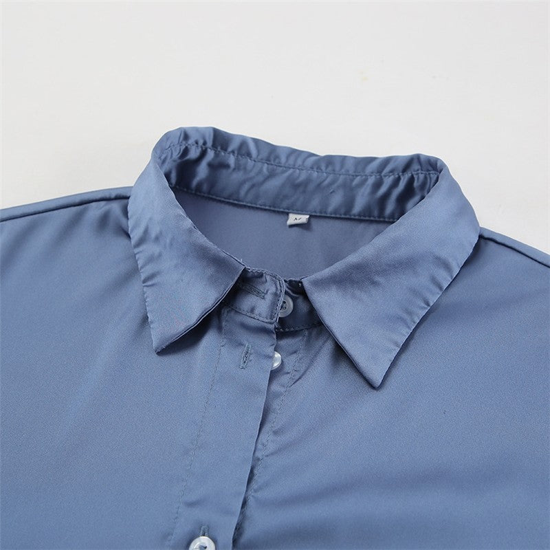 Solid Satin Belted A Line Shirt Dress