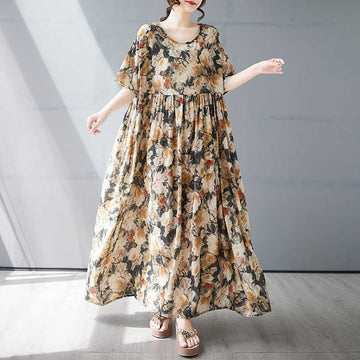 Loose Short Sleeve Round Neck Print Dress
