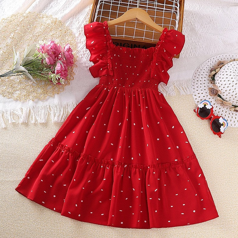 Printed Short Sleeve Elasticized Girls' Dresses