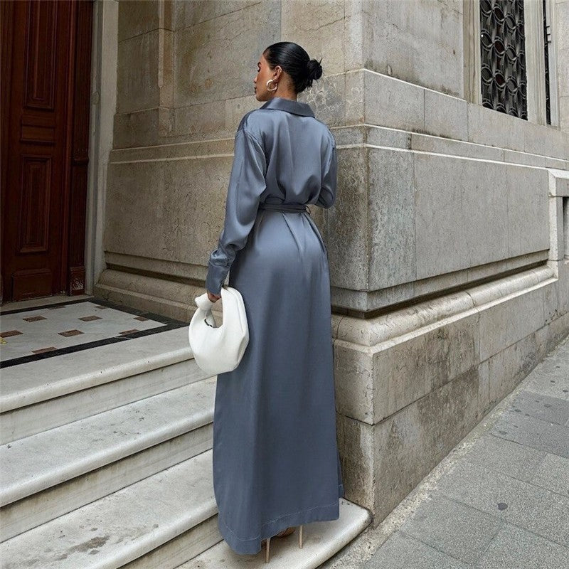 Solid Satin Belted A Line Shirt Dress