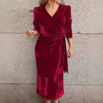 V-Neck Velvet Long Sleeve Solid Color Dress