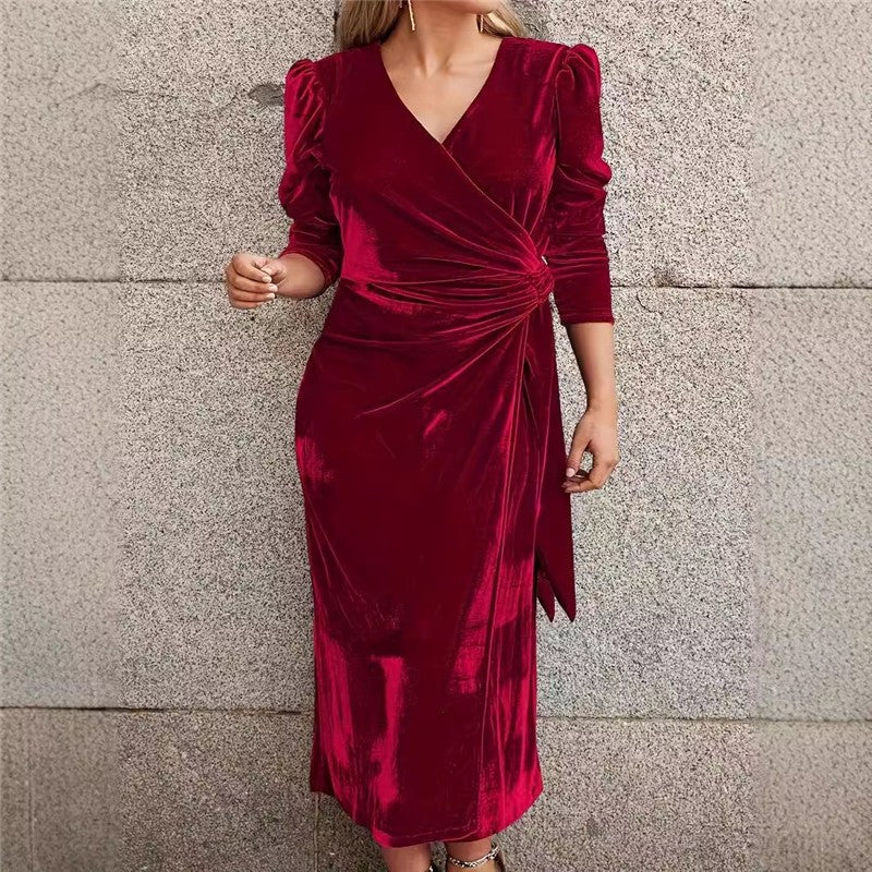 V-Neck Velvet Long Sleeve Solid Color Dress