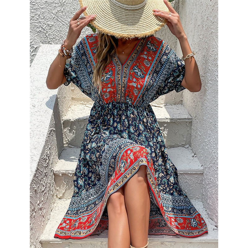 V-Neck Short Sleeves Backless Printed Midi Dress