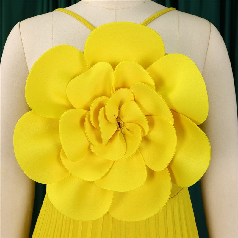 Solid Color 3D Flower Decorated Pleated Sleeveless Jumpsuit