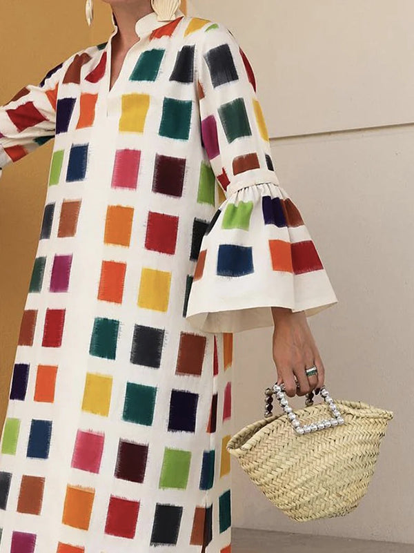 Flared Sleeves Multi-Colored Plaid Split-Joint V-neck Maxi Dresses Midi Dresses