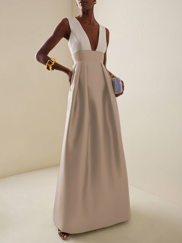 A-Line High Waisted Contrast Color Pleated Zipper Deep V-Neck Maxi Dresses