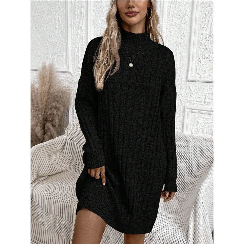 Solid Color High Neck Long Sleeve Knit Bodycon Dress