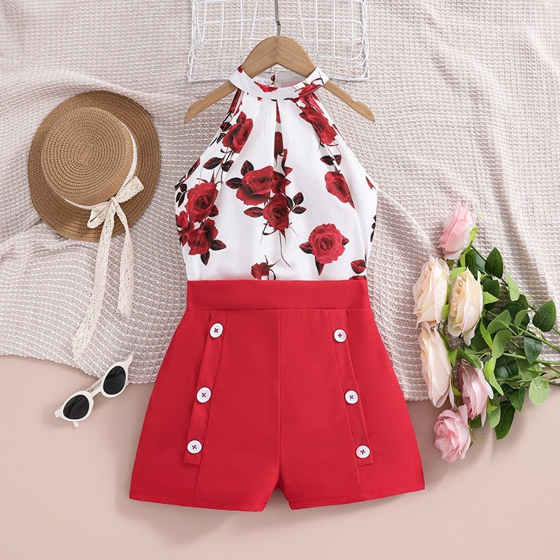 Printed Hanging Neck Top Shorts Girl's Set
