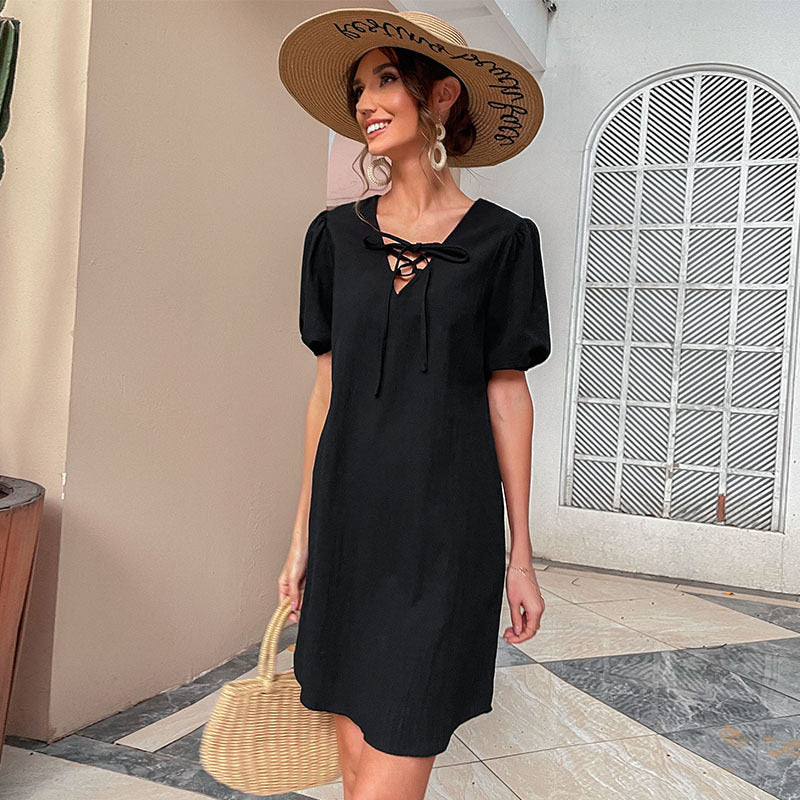 Solid Loose Short Sleeves V-Neck Mini Dress