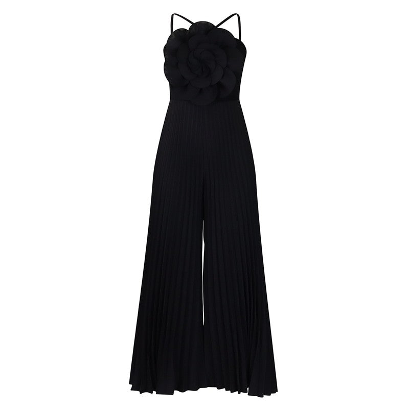 Solid Color 3D Flower Decorated Pleated Sleeveless Jumpsuit