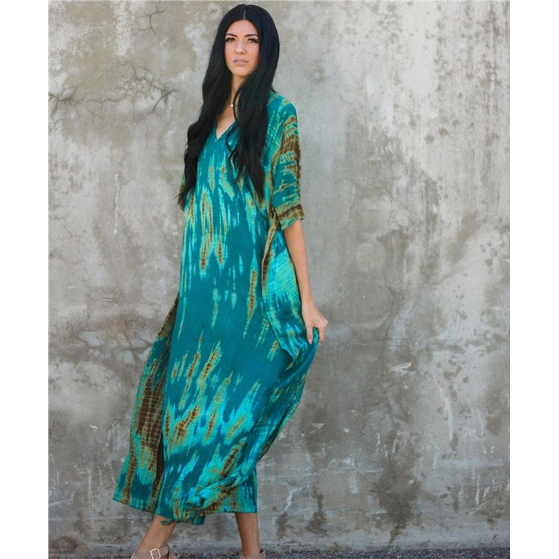 Half Sleeves V-Neck Tie-Dyed Maxi Dress