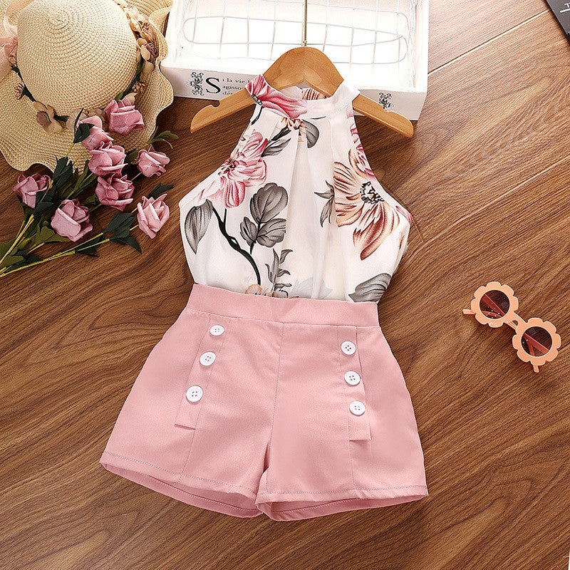 Printed Hanging Neck Top Shorts Girl's Set