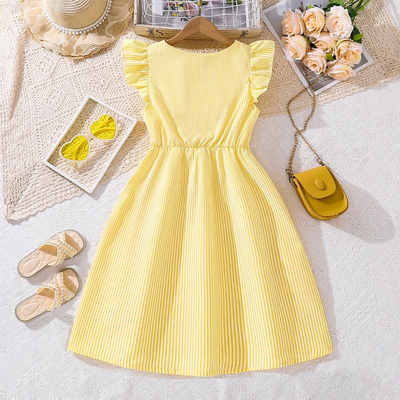 Girl's Dress With Fly Sleeve And Stripe