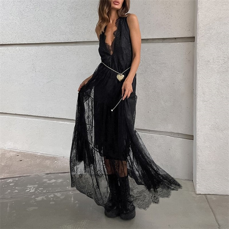 Black Lace Backless V Neck A Line Dress