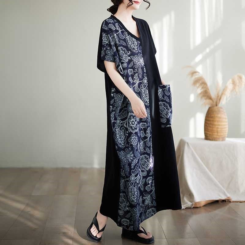 V-Neck Short Sleeve Color Block Maxi Dress