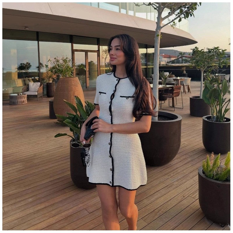 Contrast Trim Short Sleeve Button Front Dress