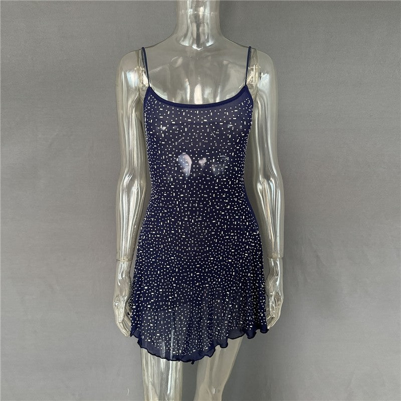 Semi-Sheer Spaghetti Strap Short Dress With Rhinestones