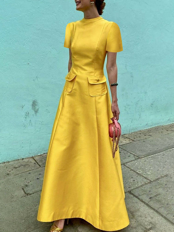 Short Sleeves Pockets Solid Color Split-Joint Stand Collar Maxi Dresses