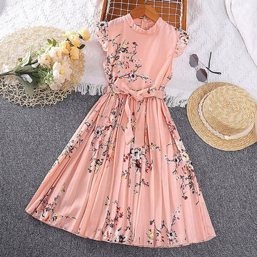 Girls' Printed Dash Sleeve Lace-Up Dress