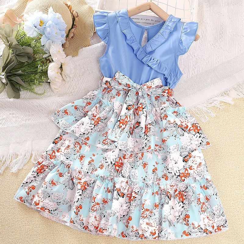 Girl's Lace Neck Fly Sleeve Floral Princess Dress