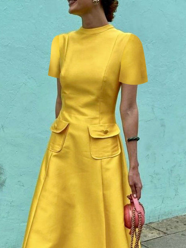 Short Sleeves Pockets Solid Color Split-Joint Stand Collar Maxi Dresses