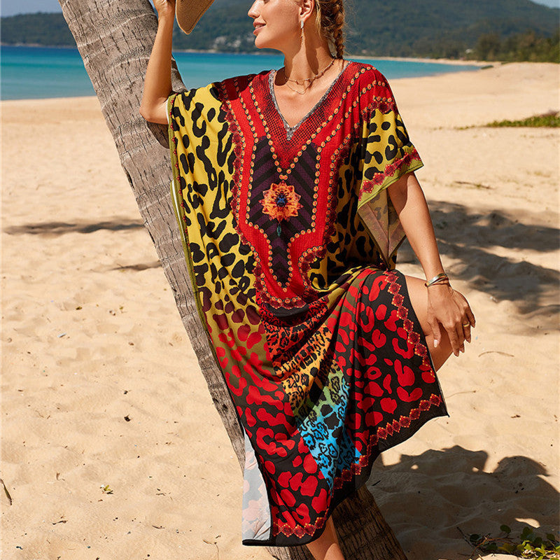 Short Sleeves Tie-Dyed Split Maxi Dress
