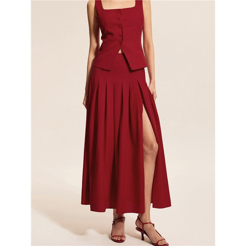 Waist Cut Sleeveless Vest Skirt Split Flare