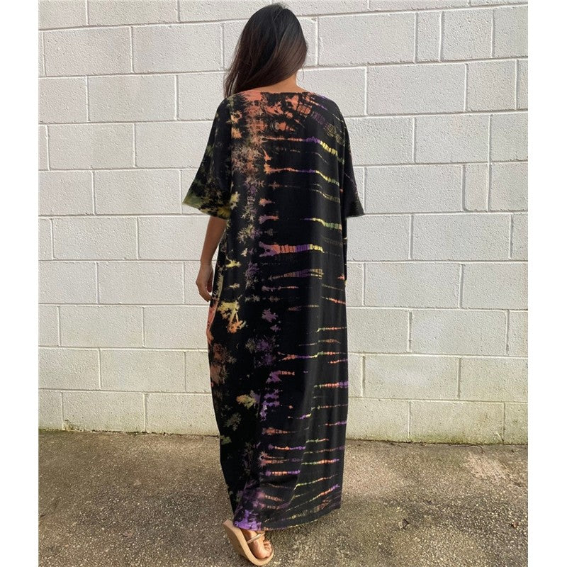 Half Sleeves V-Neck Tie-Dyed Maxi Dress