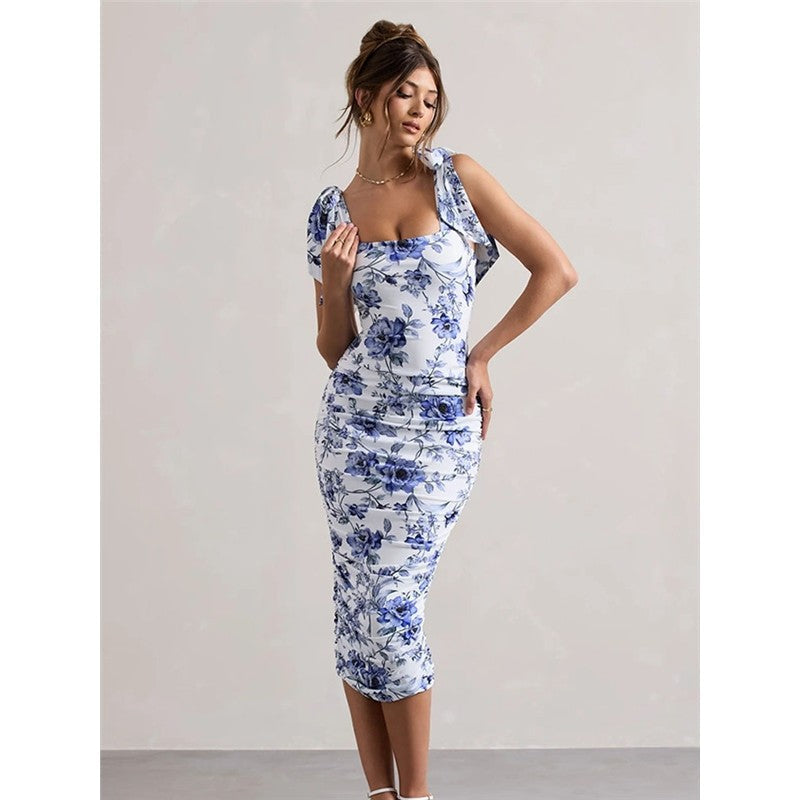Women's  Summer Floral Print Ruched Dress Retro Fashion Trendy Casual Maxi Dresses